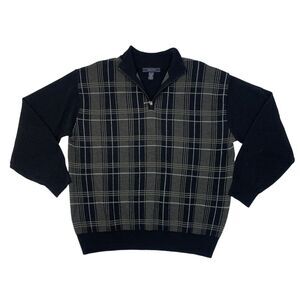 Joseph & Feiss Wool Sweater Mens XL Extra Large Black Plaid Quarter Zip Pullover
